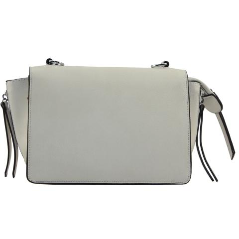 The fashion designer bag with a carry-on strap. Crafted from faux leather material in a off white. Featuring flap with magnetic snap closure, pocket under flap, and six rings interlocked on front. 