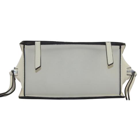 The fashion designer bag with a carry-on strap. Crafted from faux leather material in a off white. Featuring flap with magnetic snap closure, pocket under flap, and six rings interlocked on front. 