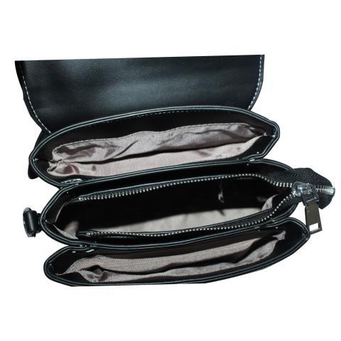 The black bag features a flap with magnetic snap closure, top zip to keep things secure, internal pocket and silver tone hardware, ample room to carry all of your necessities.
