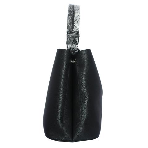 The stylish black handbag, featuring single handle, lock closure and distinctive design detail on front. And detachable adjustable shoulder strap.