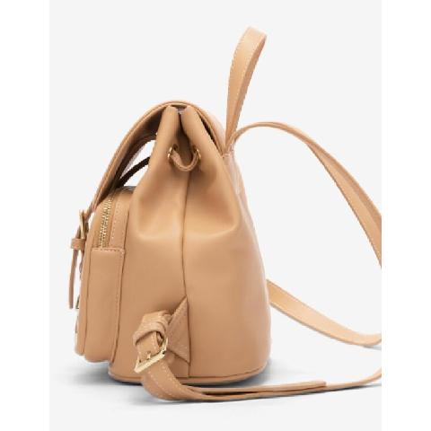 Featuring flap top magnetic snap closure with buckle detail and outer pocket, single handle, internal zip pocket, adjustable shoulder strap and gold tone hardware.