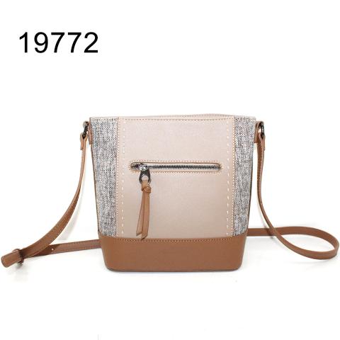 Front zipper detail crossbody bag with smooth pu leather and canvas